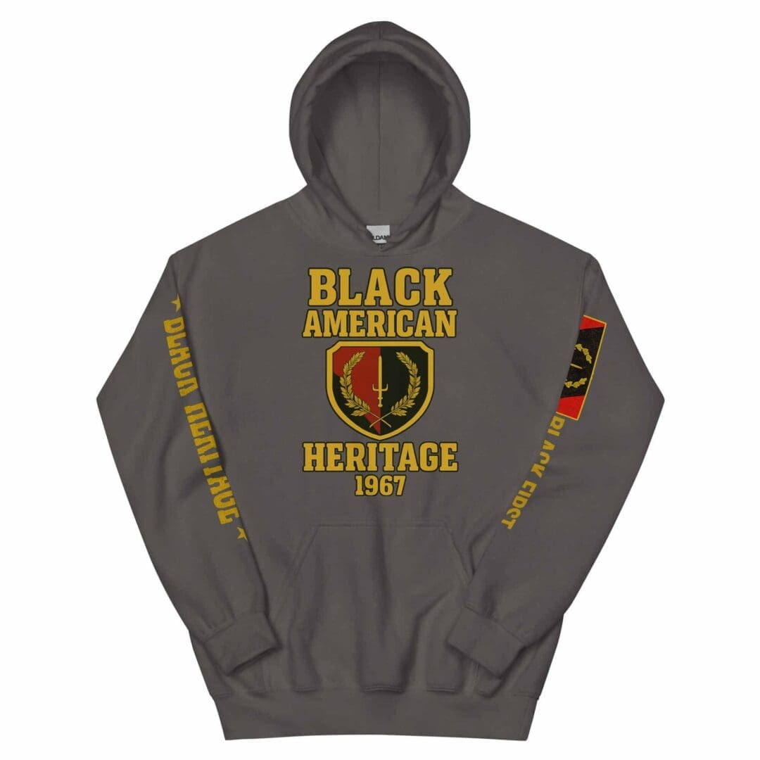 Front view (hood up) of the B1Clothing Co. Black American Heritage 1967 Flag Hoodie in charcoal.
