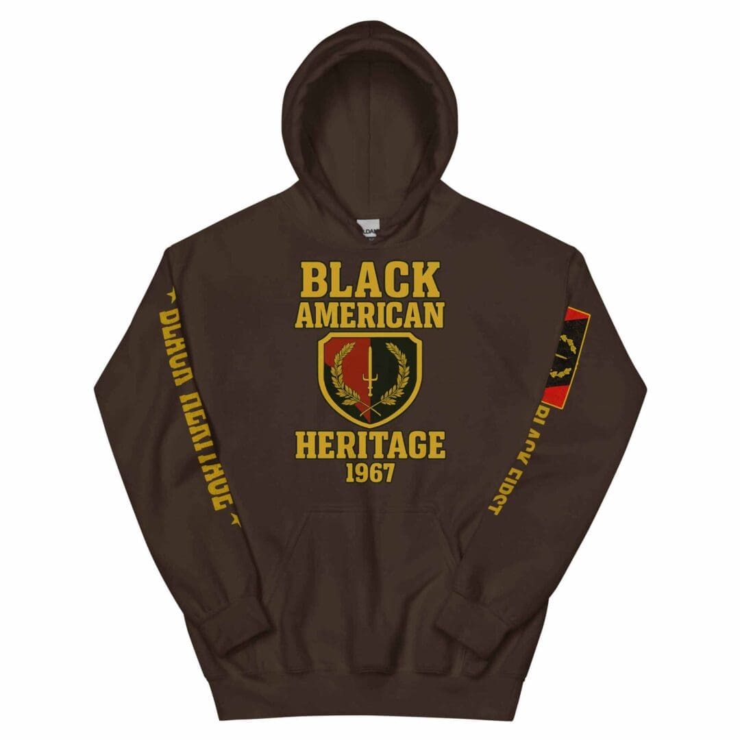 Front view (hood up) of the B1Clothing Co. Black American Heritage 1967 Flag Hoodie in dark chocolate.