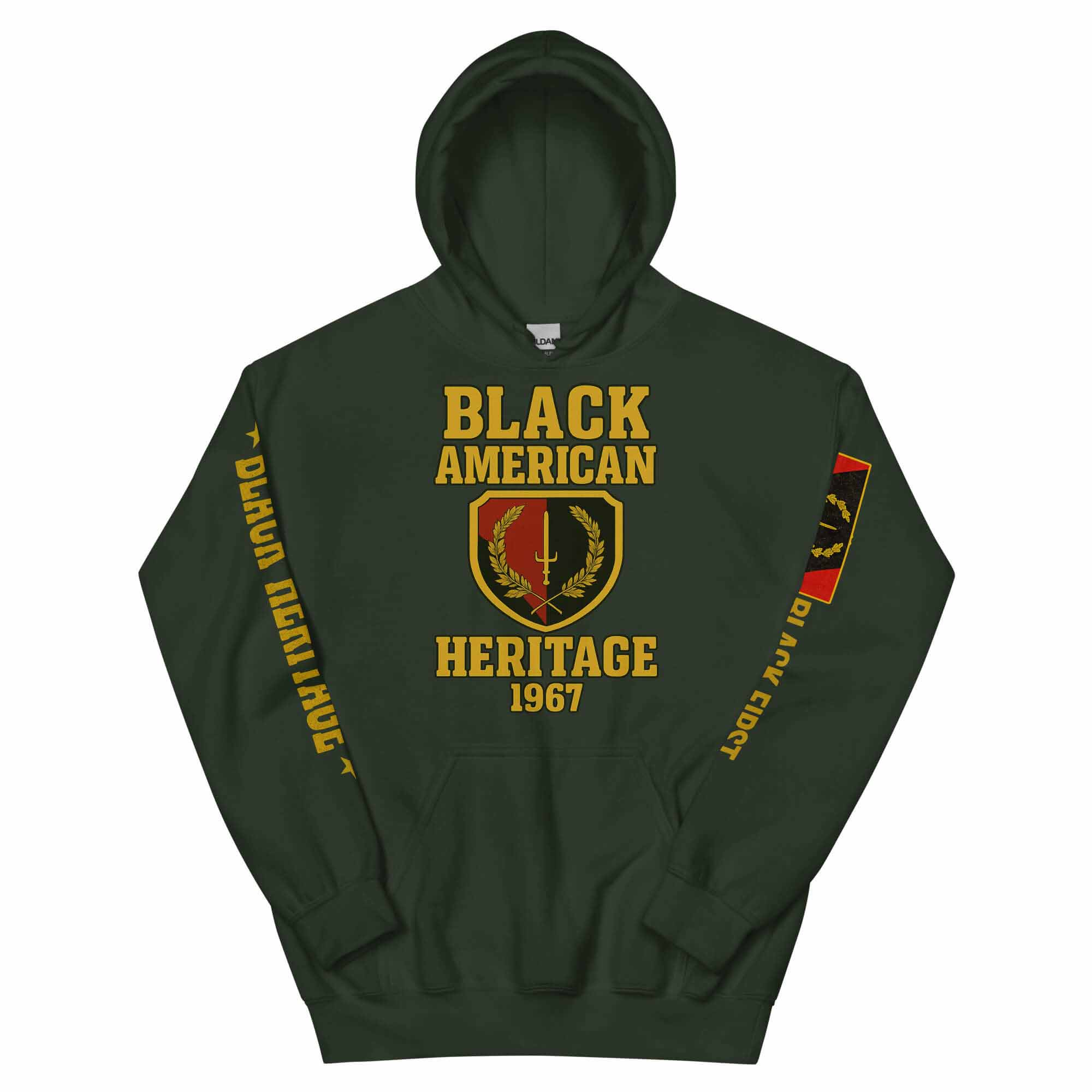 Front view (hood up) of the B1Clothing Co. Black American Heritage 1967 Flag Hoodie in forest green.