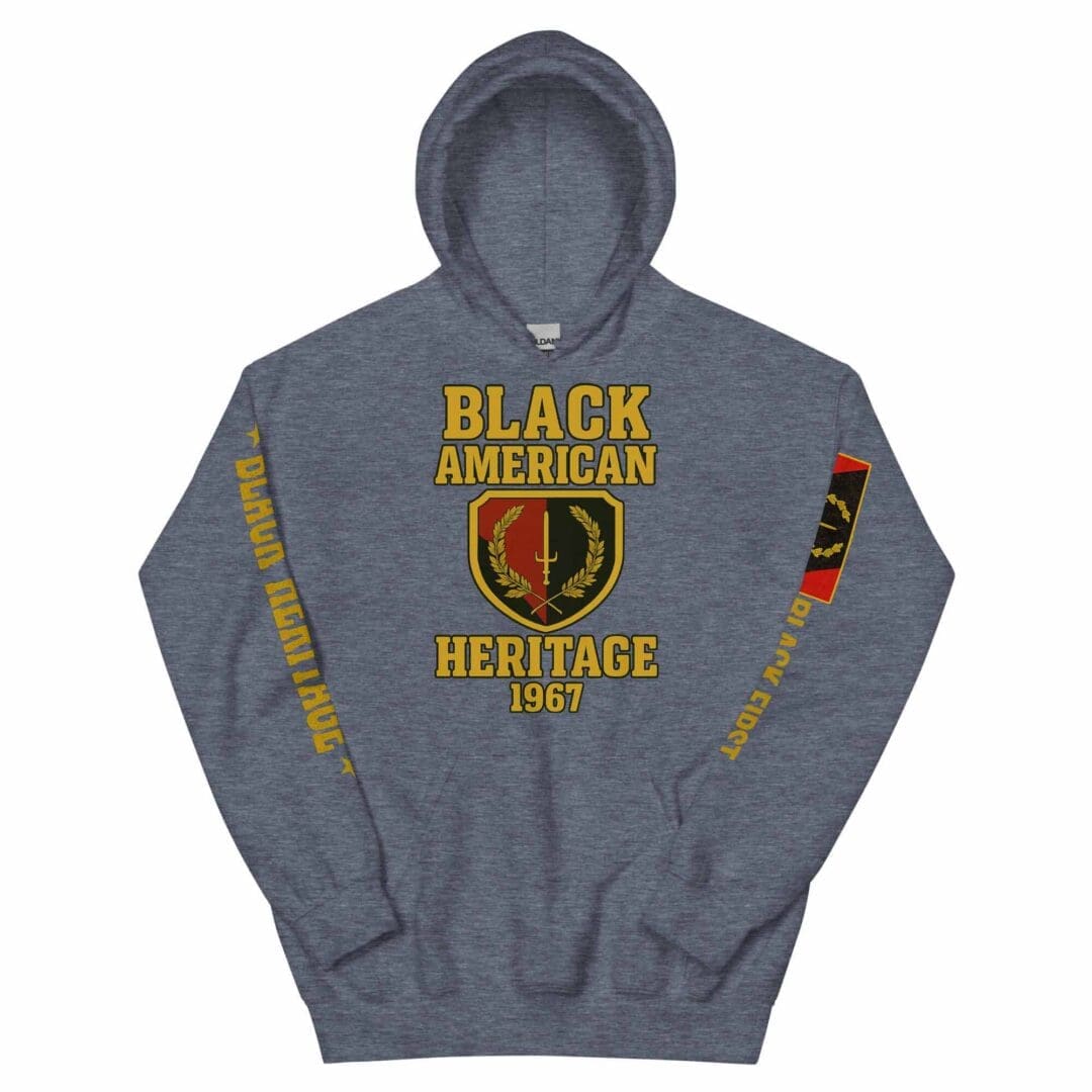 Front view (hood up) of the B1Clothing Co. Black American Heritage 1967 Flag Hoodie in heather sport dark navy.