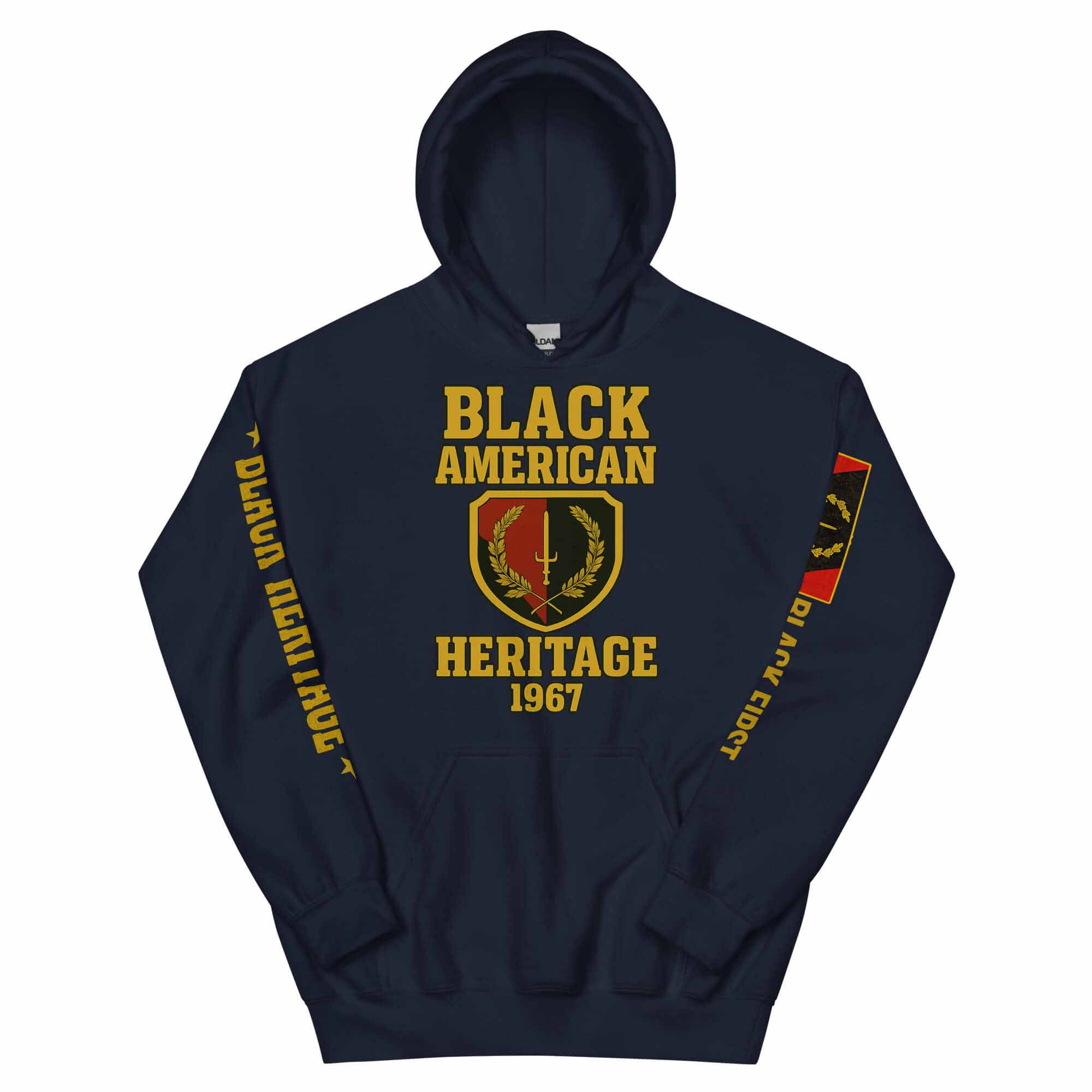 Front view (hood up) of the B1Clothing Co. Black American Heritage 1967 Flag Hoodie in navy.