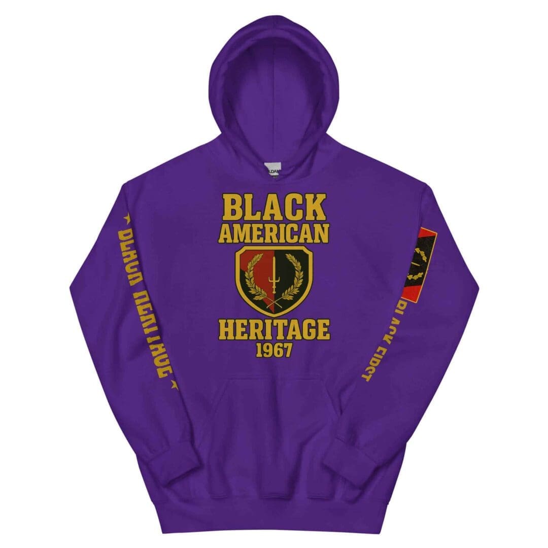 Front view (hood up) of the B1Clothing Co. Black American Heritage 1967 Flag Hoodie in purple.