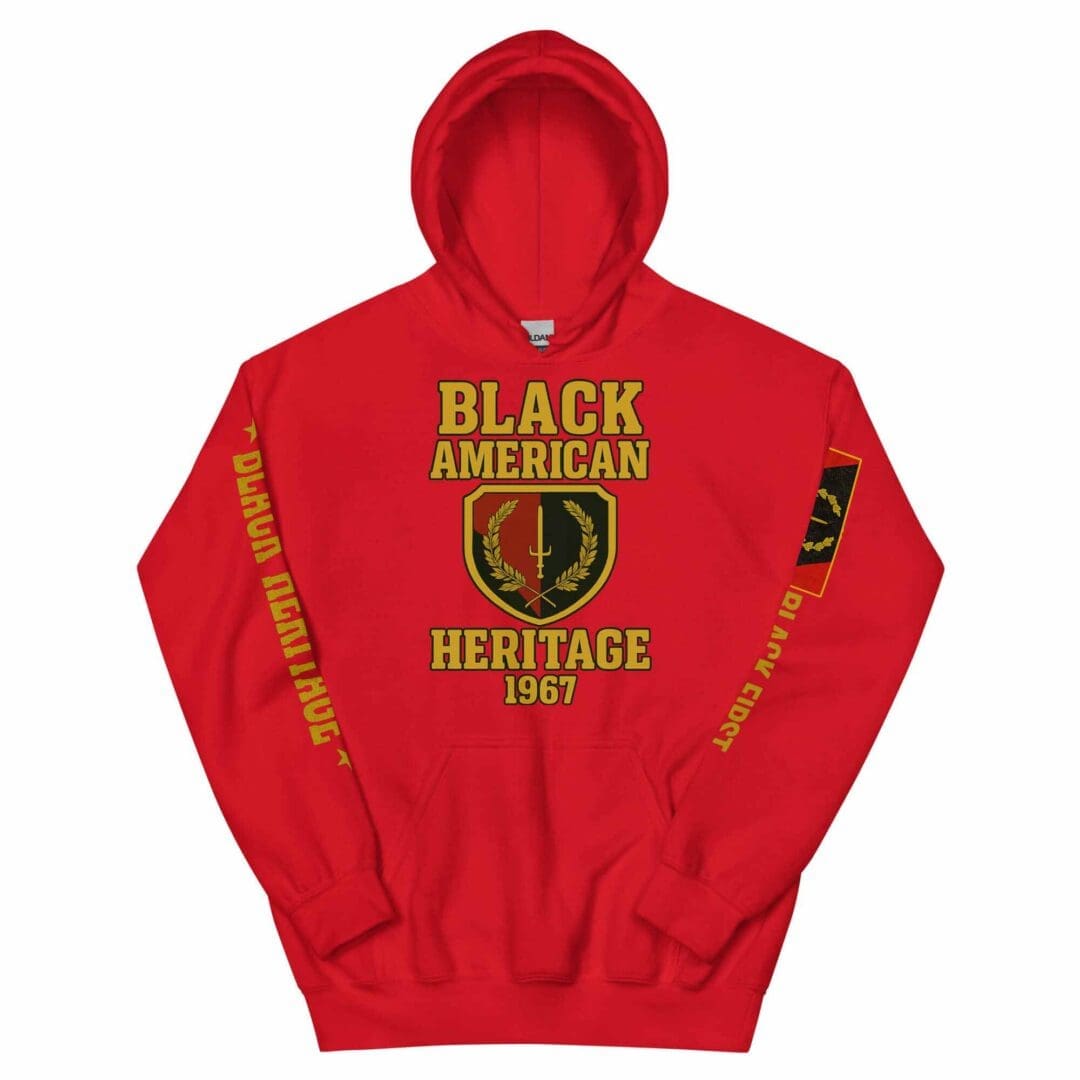 Front view (hood up) of the B1Clothing Co. Black American Heritage 1967 Flag Hoodie in red.