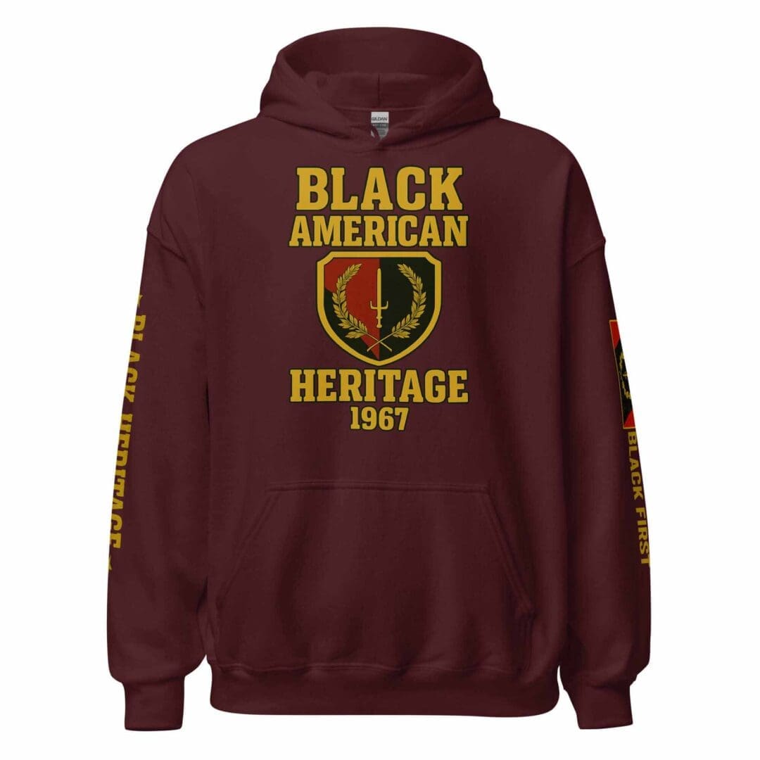 Front view of the B1Clothing Co. Black American Heritage 1967 Flag Hoodie in maroon.