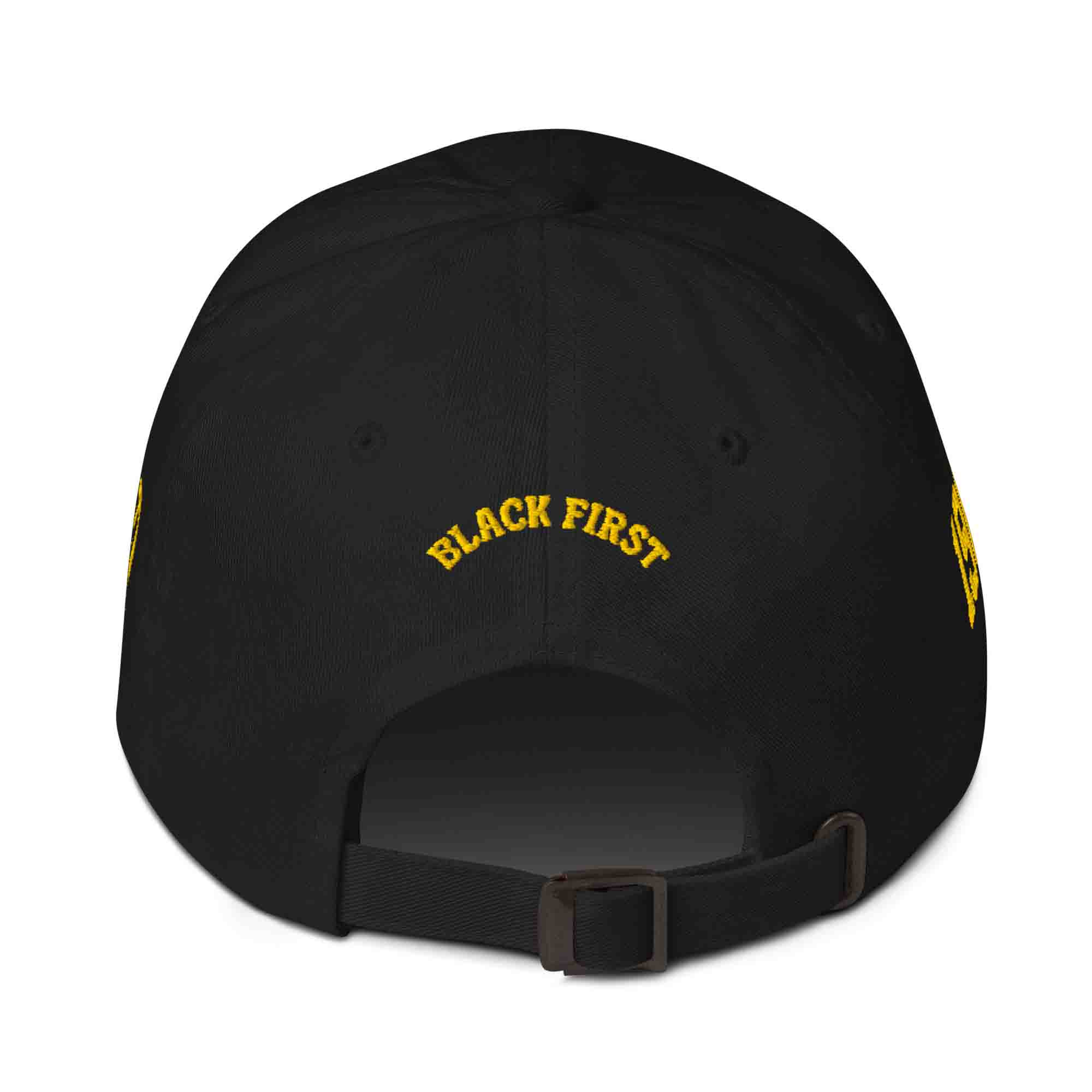 Back view of the black dad hat with 'Black First' embroidered in gold and the adjustable antique buckle.