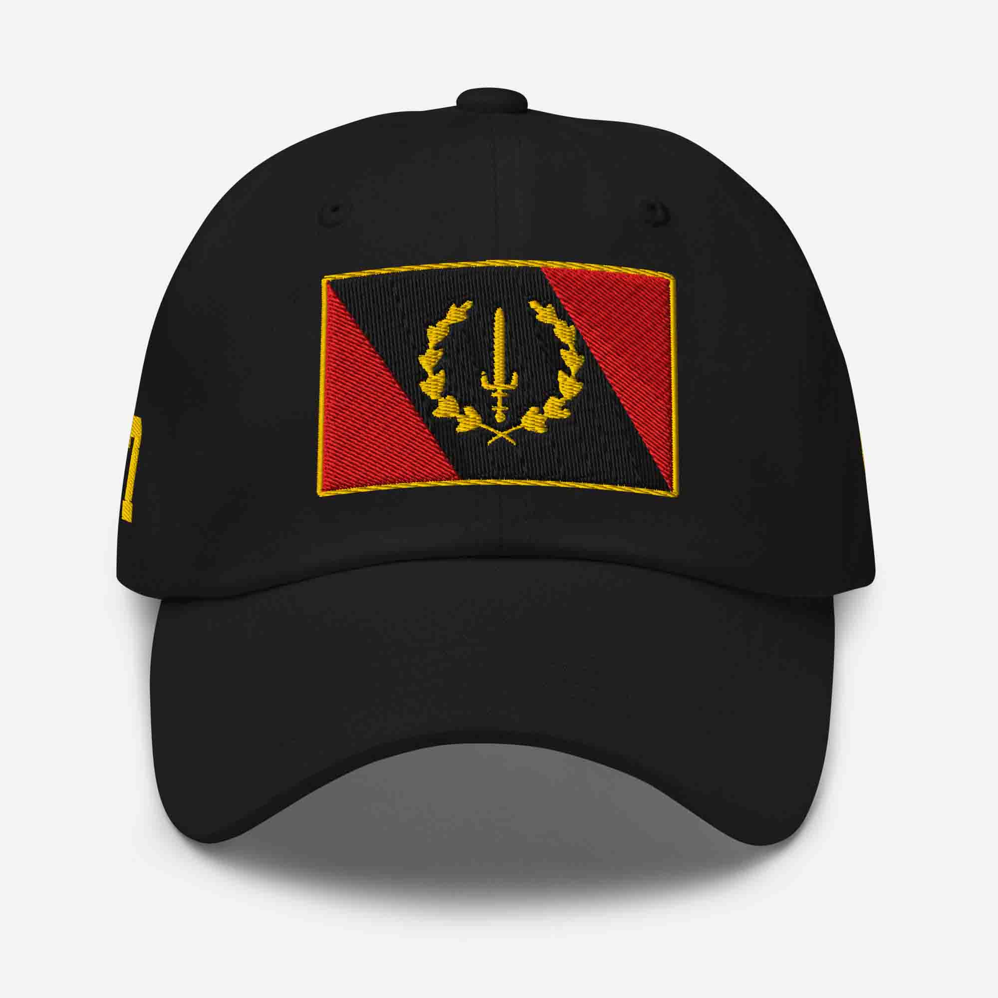 Front view of the Embroidered Black American Heritage Flag Dad Hat in black, showing the central flag design.