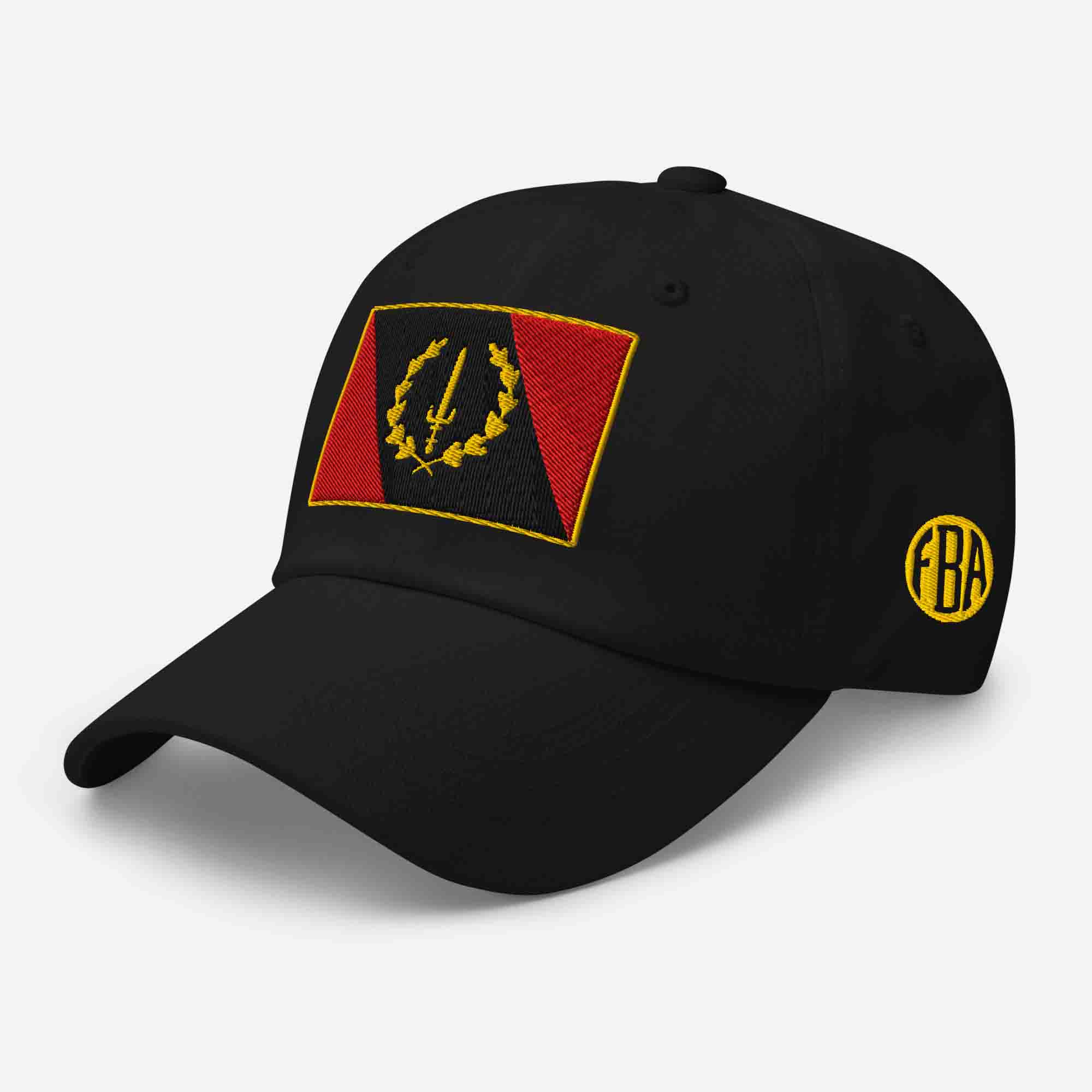 Left-front view of the black Embroidered Black American Heritage Flag Dad Hat, showing the FBA logo on the side.