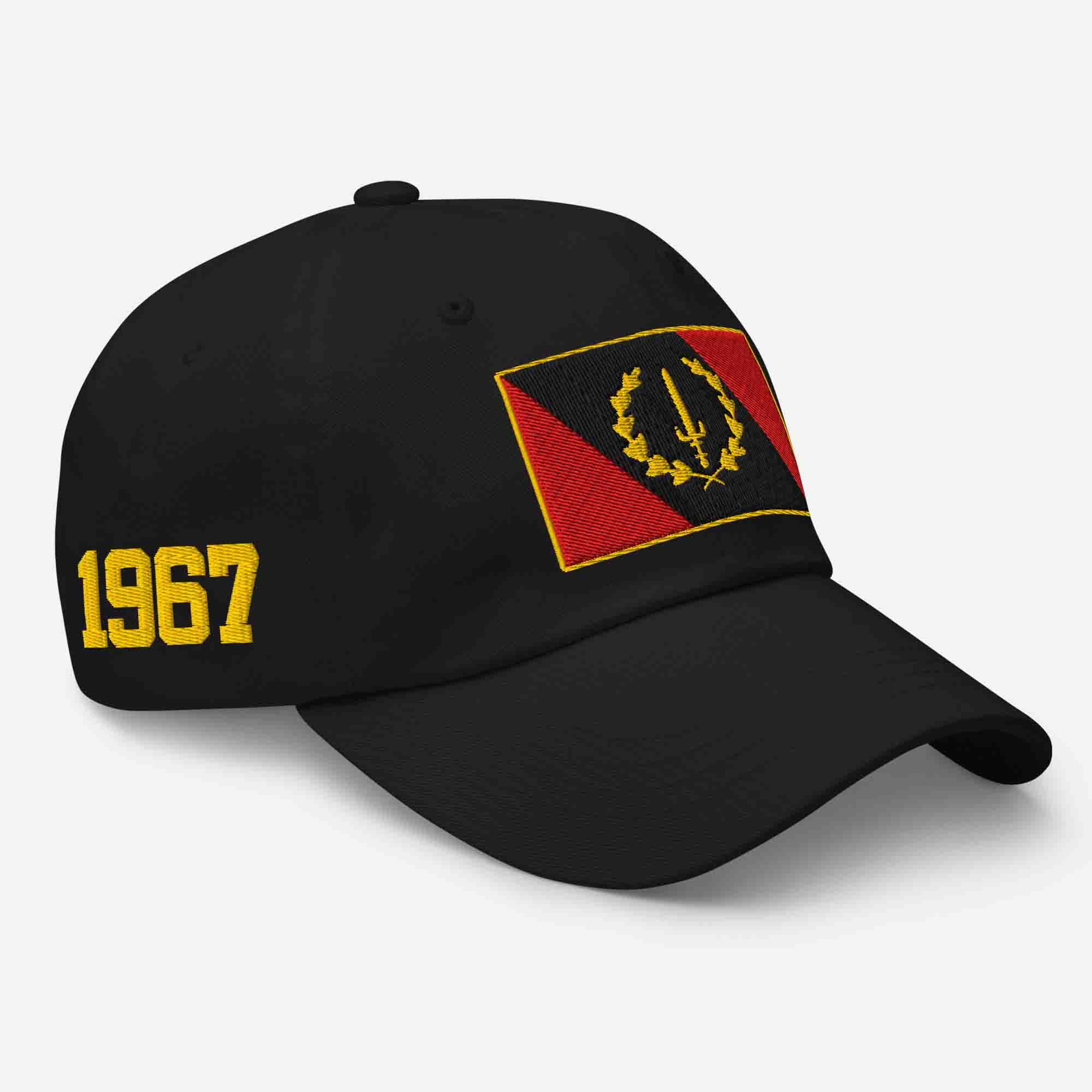 Right-front view of the black Embroidered Black American Heritage Flag Dad Hat, showing the '1967' embroidery on the side.