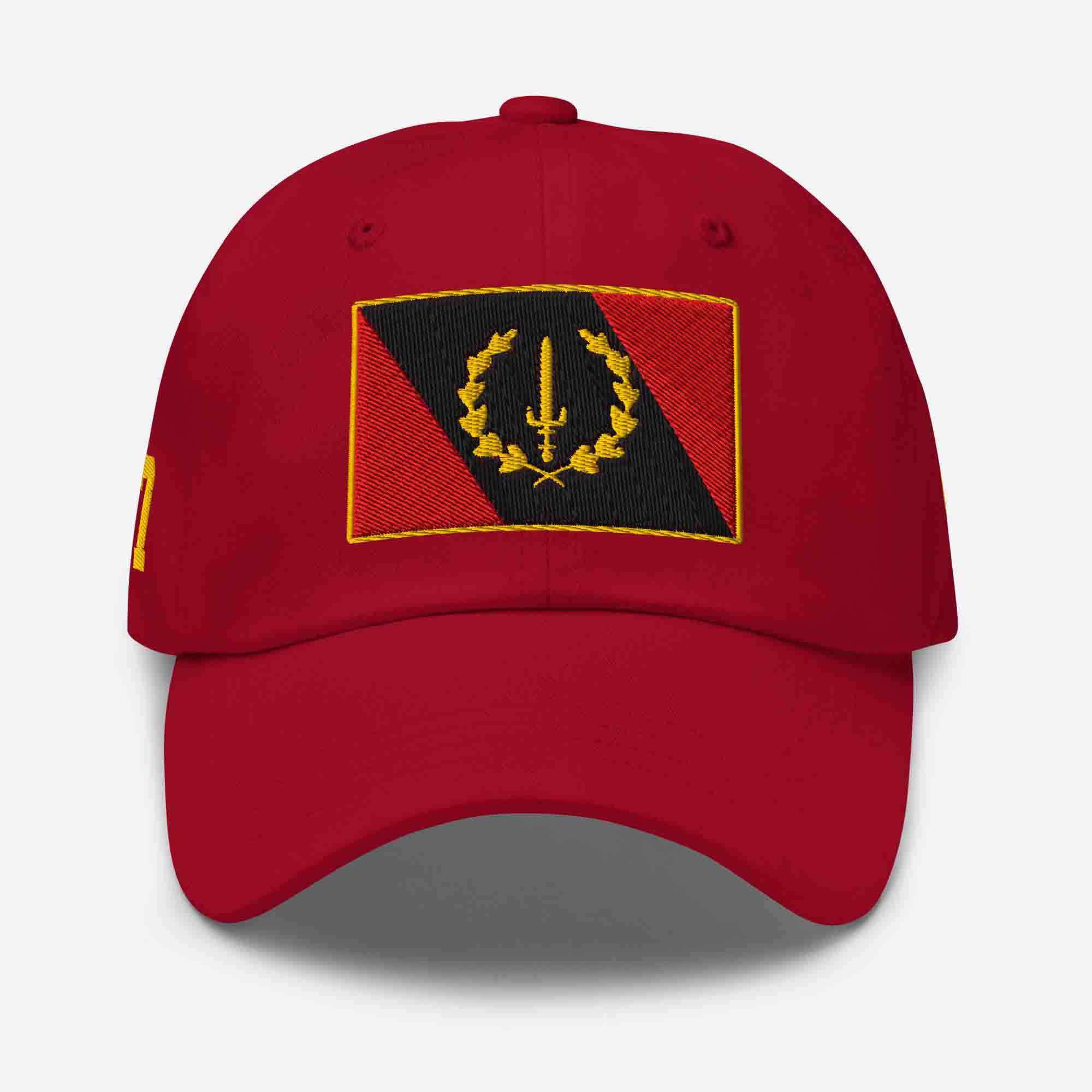 Front view of the cranberry Black American Heritage Flag Dad Hat with the gold-bordered embroidered flag.