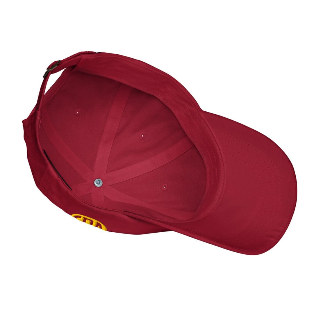 Inside view of the unstructured 6-panel Black American Heritage Flag Dad Hat in cranberry.
