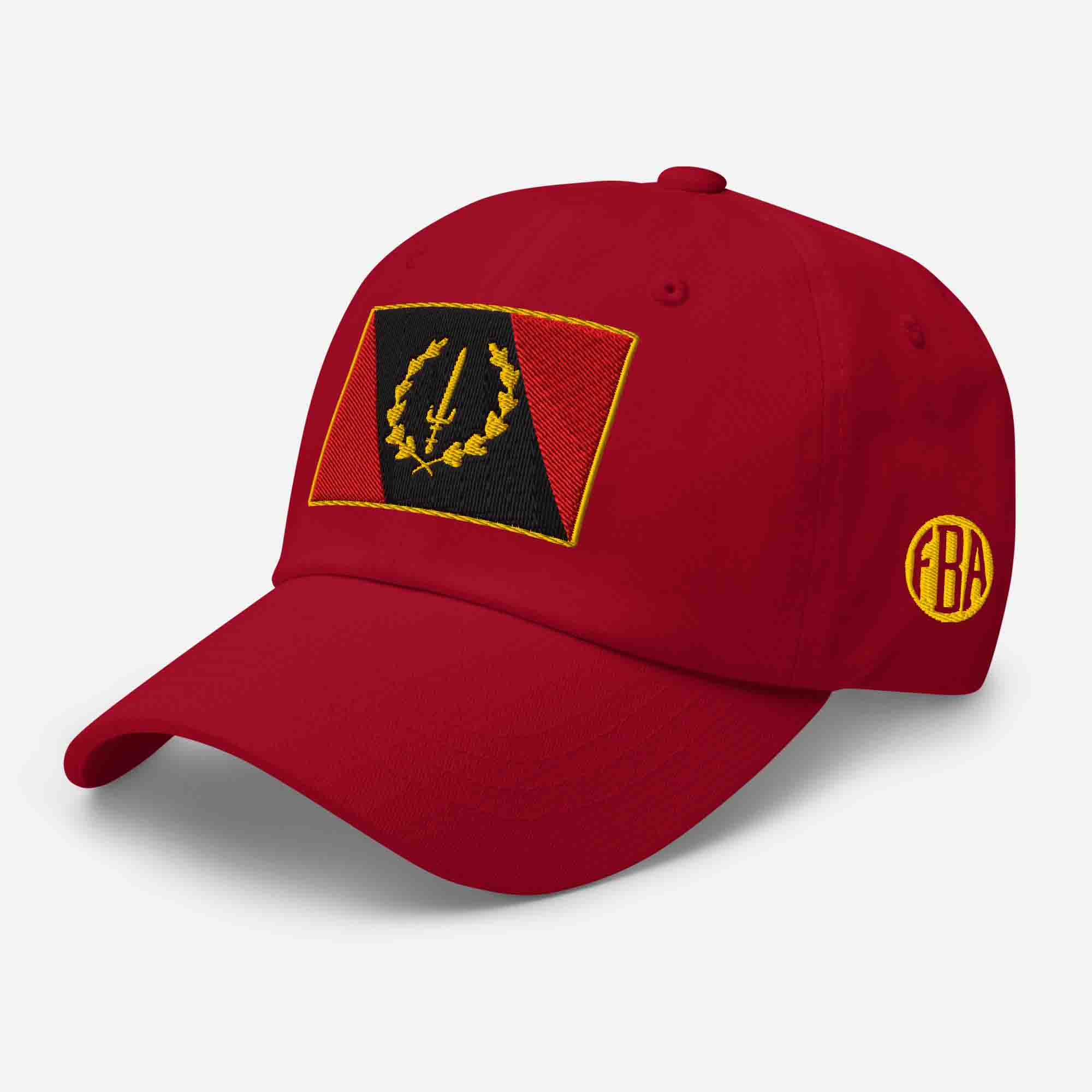 Left-front view of the cranberry Embroidered Black American Heritage Flag Dad Hat, featuring the 'FBA' logo on the side.