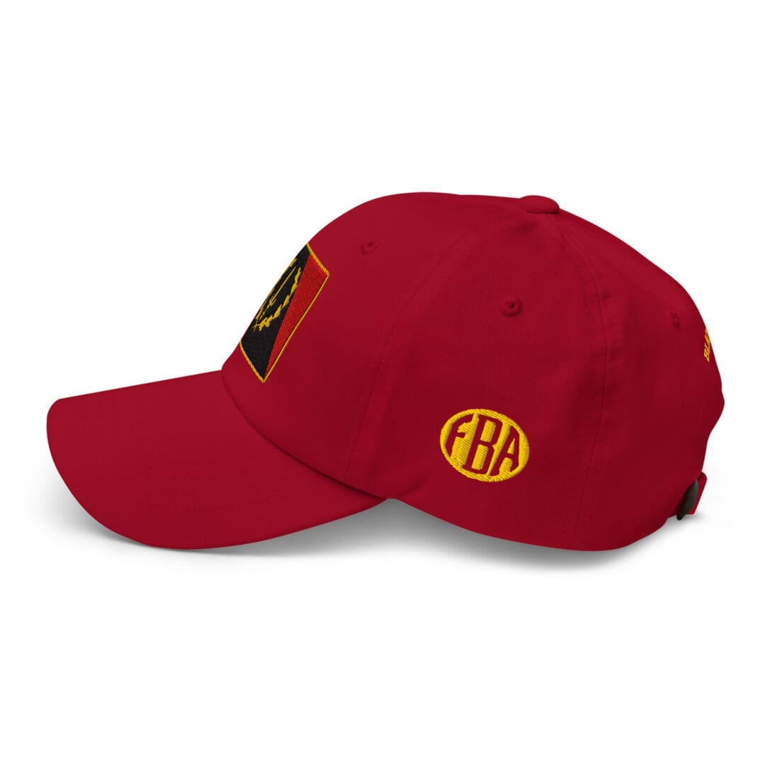 Left side view of the cranberry Black American Heritage Flag Dad Hat, highlighting the gold 'FBA' embroidery.