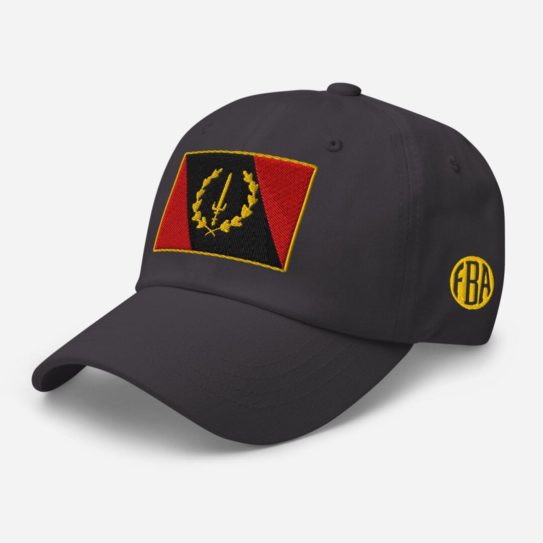 Left-front view of the dark grey Embroidered Black American Heritage Flag Dad Hat, showing the 'FBA' logo on the side.