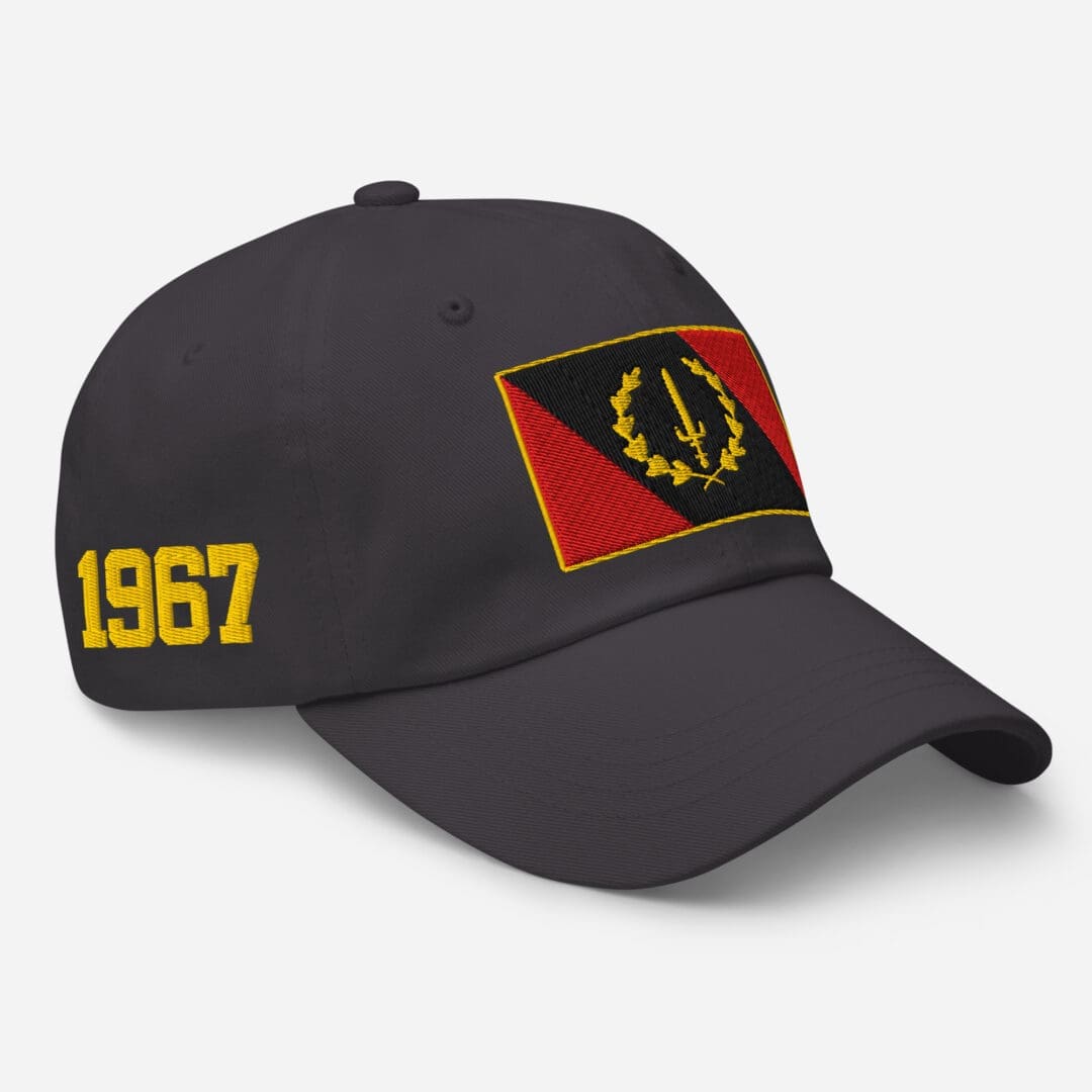 Right-front view of the dark grey Embroidered Black American Heritage Flag Dad Hat, showing the '1967' embroidery on the side.