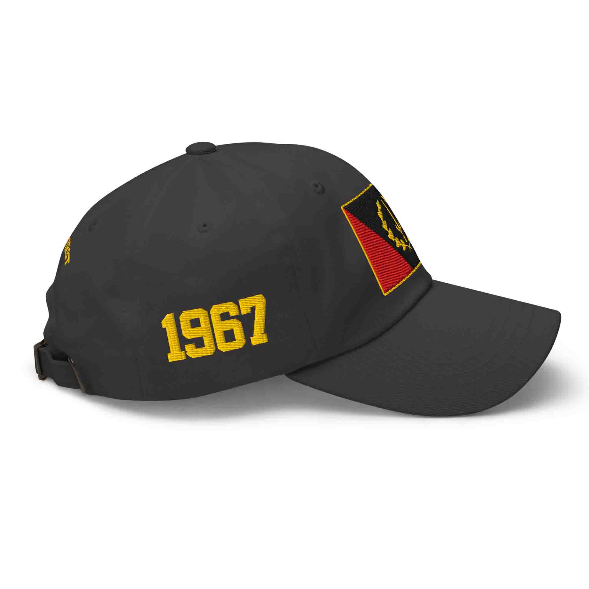 Right side view of the dark grey Black American Heritage Flag Dad Hat, highlighting the gold '1967' embroidery.