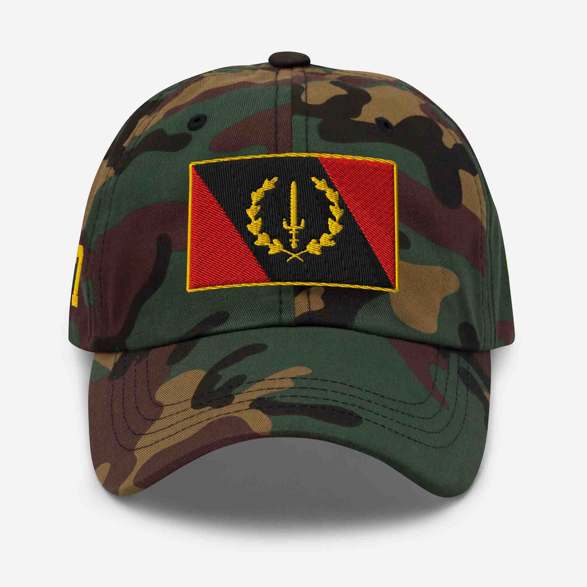 Front view of the Embroidered Black American Heritage Flag Dad Hat in green camo, showing the central flag design.