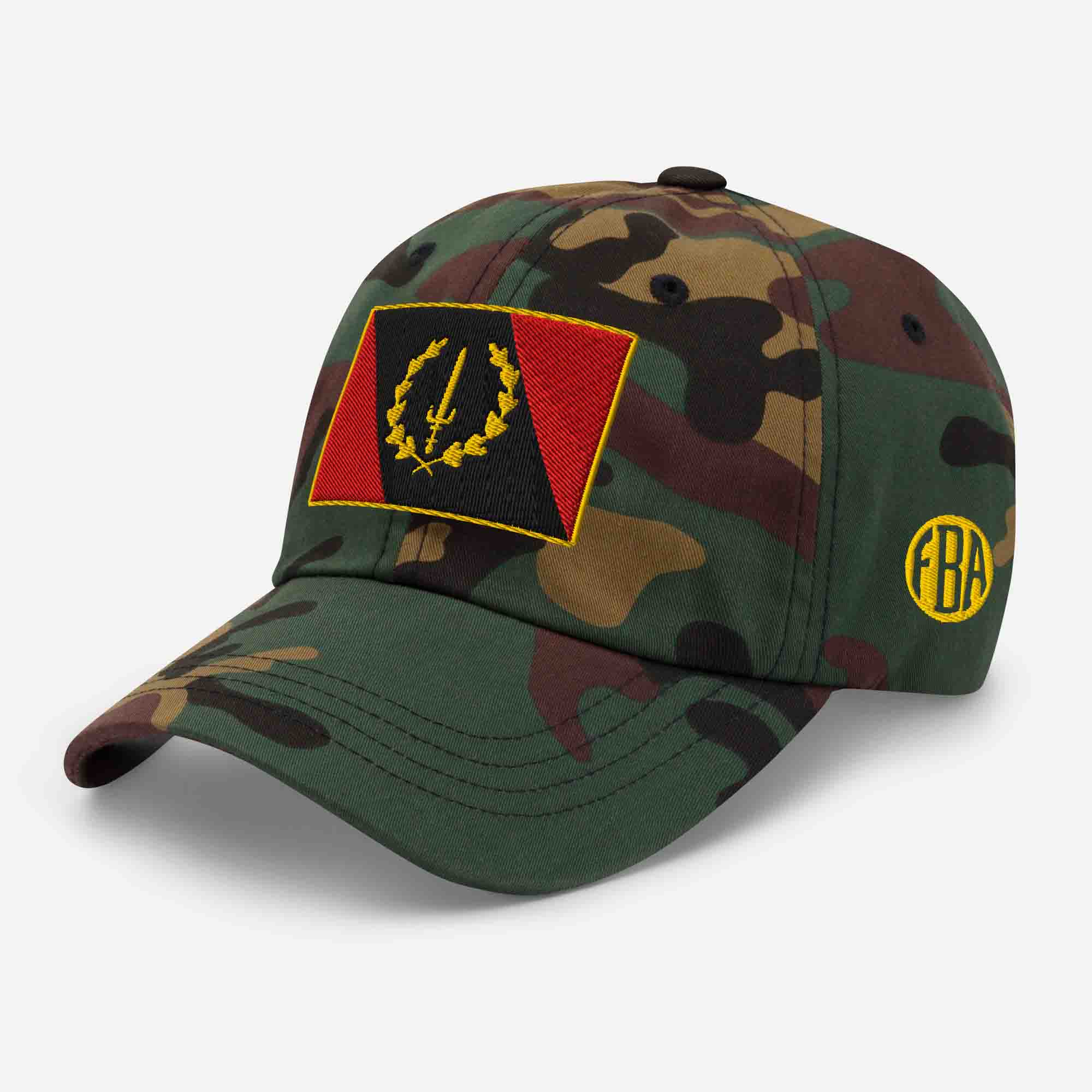Left-front view of the green camo Embroidered Black American Heritage Flag Dad Hat, showing the 'FBA' logo on the side.