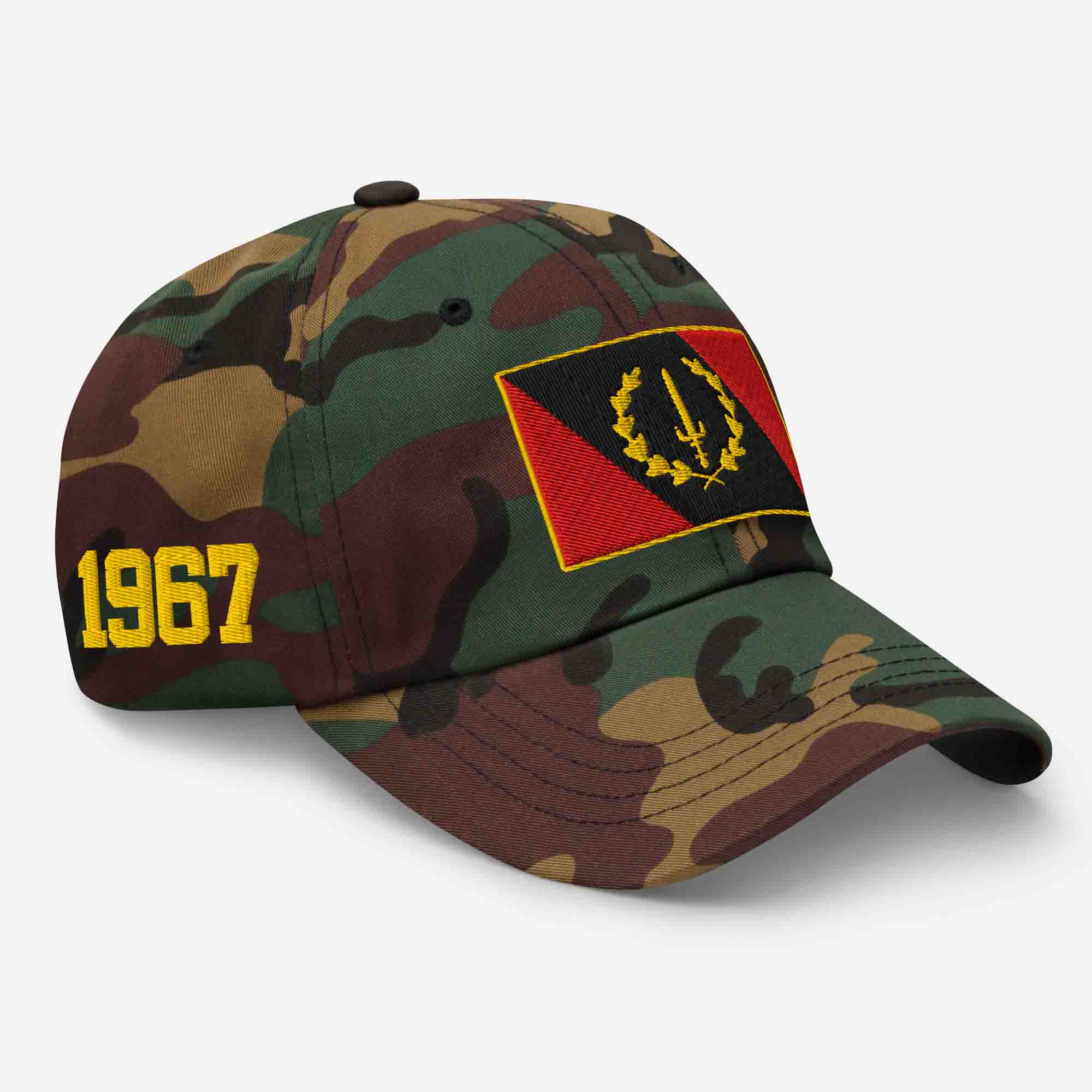 Right-front view of the green camo Embroidered Black American Heritage Flag Dad Hat, showing the '1967' embroidery on the side.