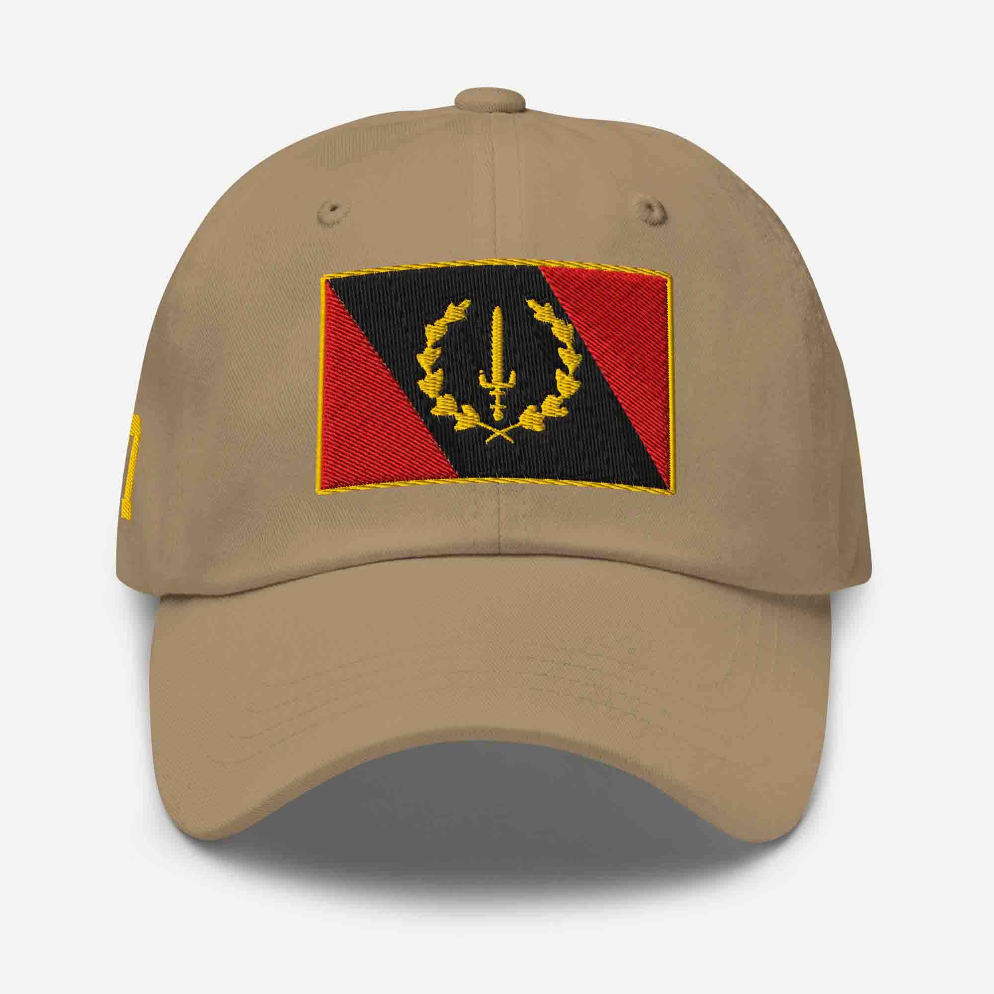 Front view of the Embroidered Black American Heritage Flag Dad Hat in khaki, showing the central flag design.