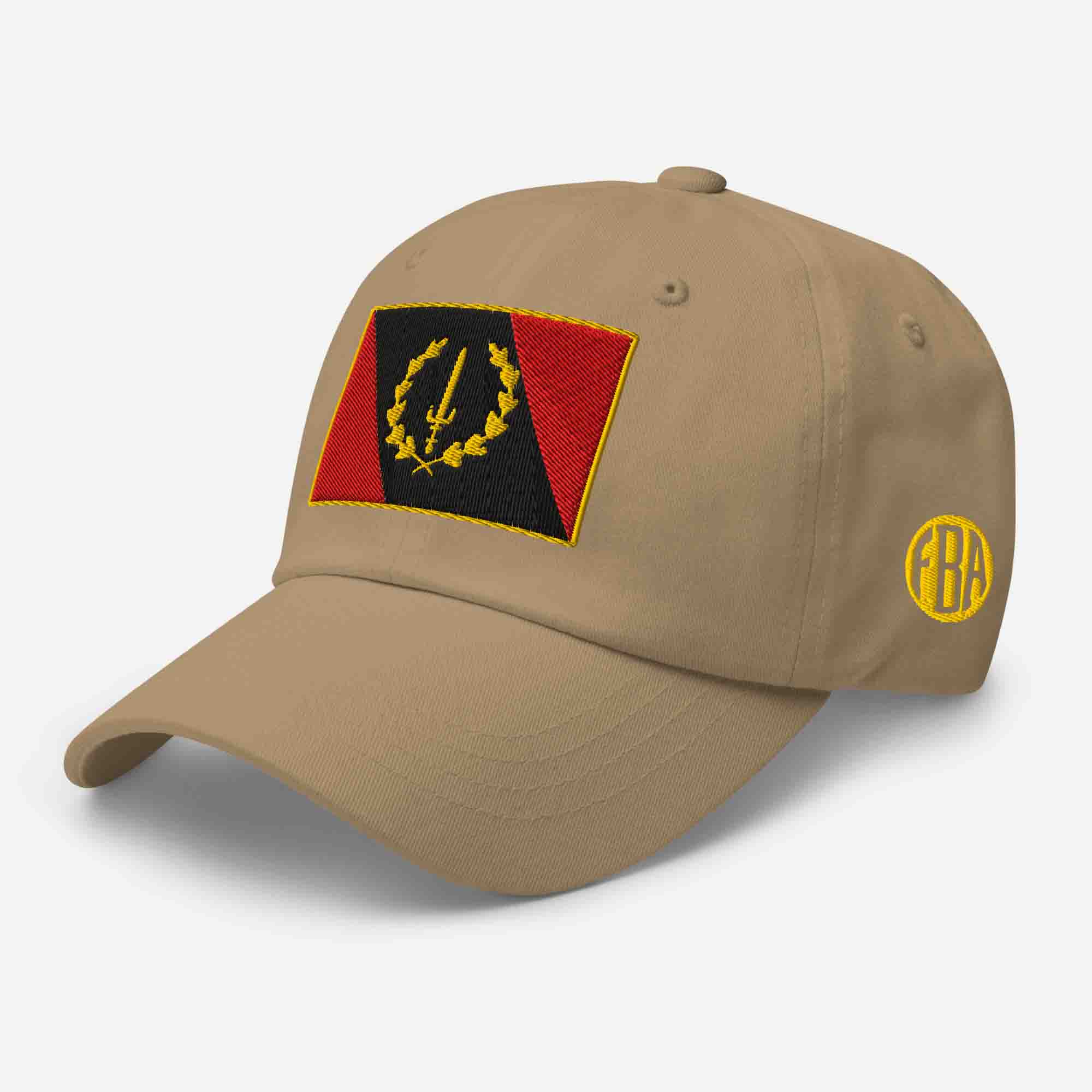 Left-front view of the khaki Embroidered Black American Heritage Flag Dad Hat, showing the 'FBA' logo on the side.