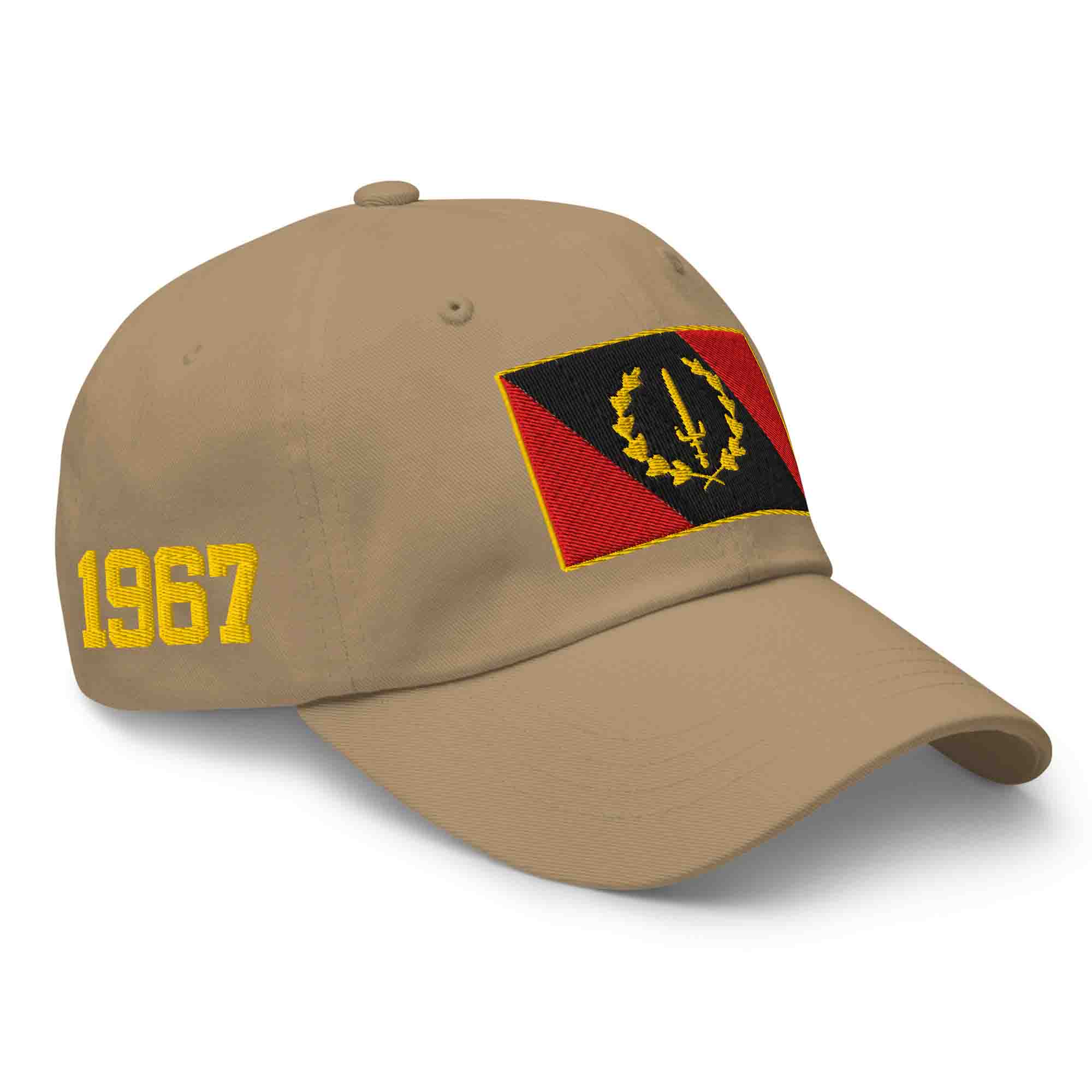 Right-front view of the khaki Embroidered Black American Heritage Flag Dad Hat, showing the '1967' embroidery on the side.