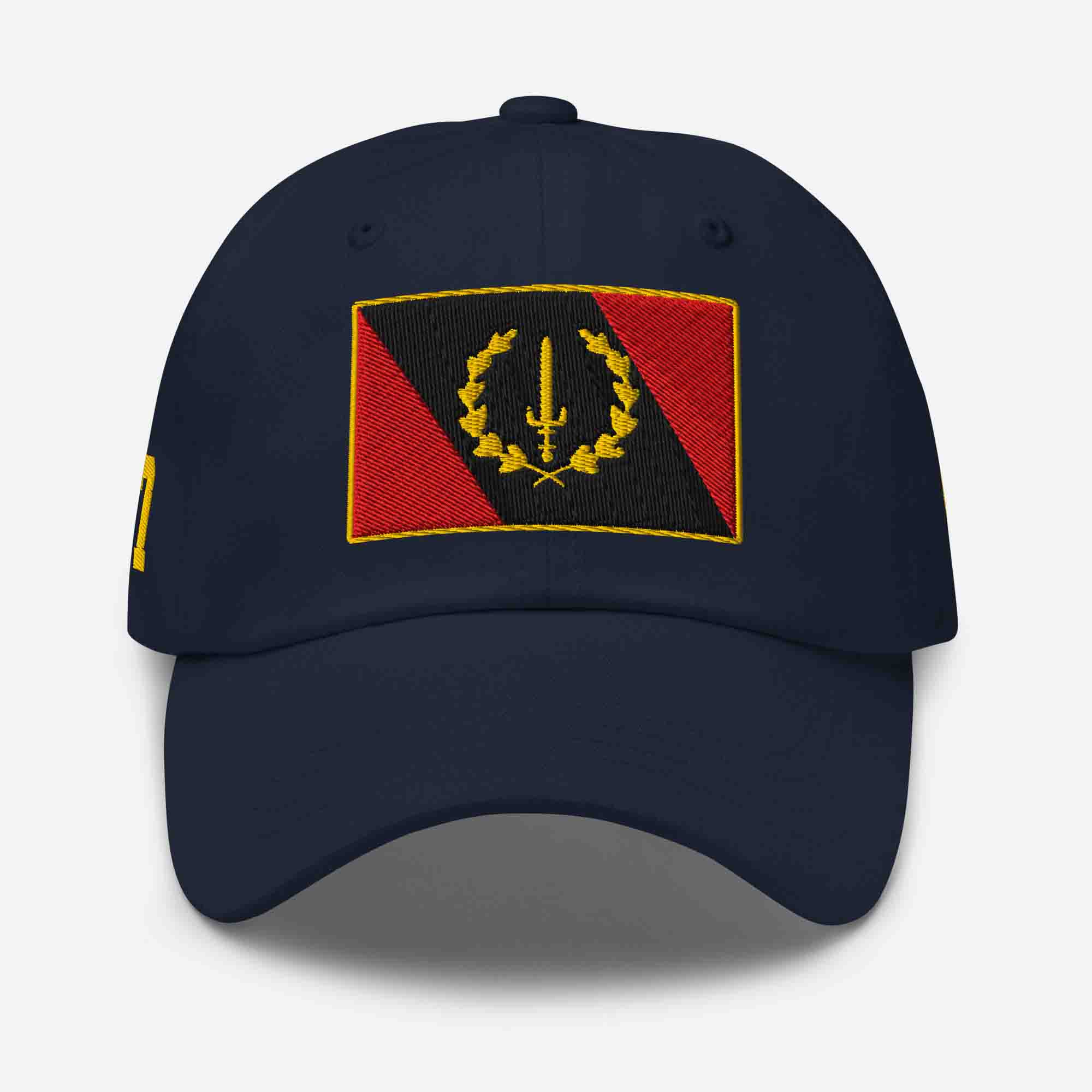Front view of the Embroidered Black American Heritage Flag Dad Hat in navy blue, showing the central flag design.