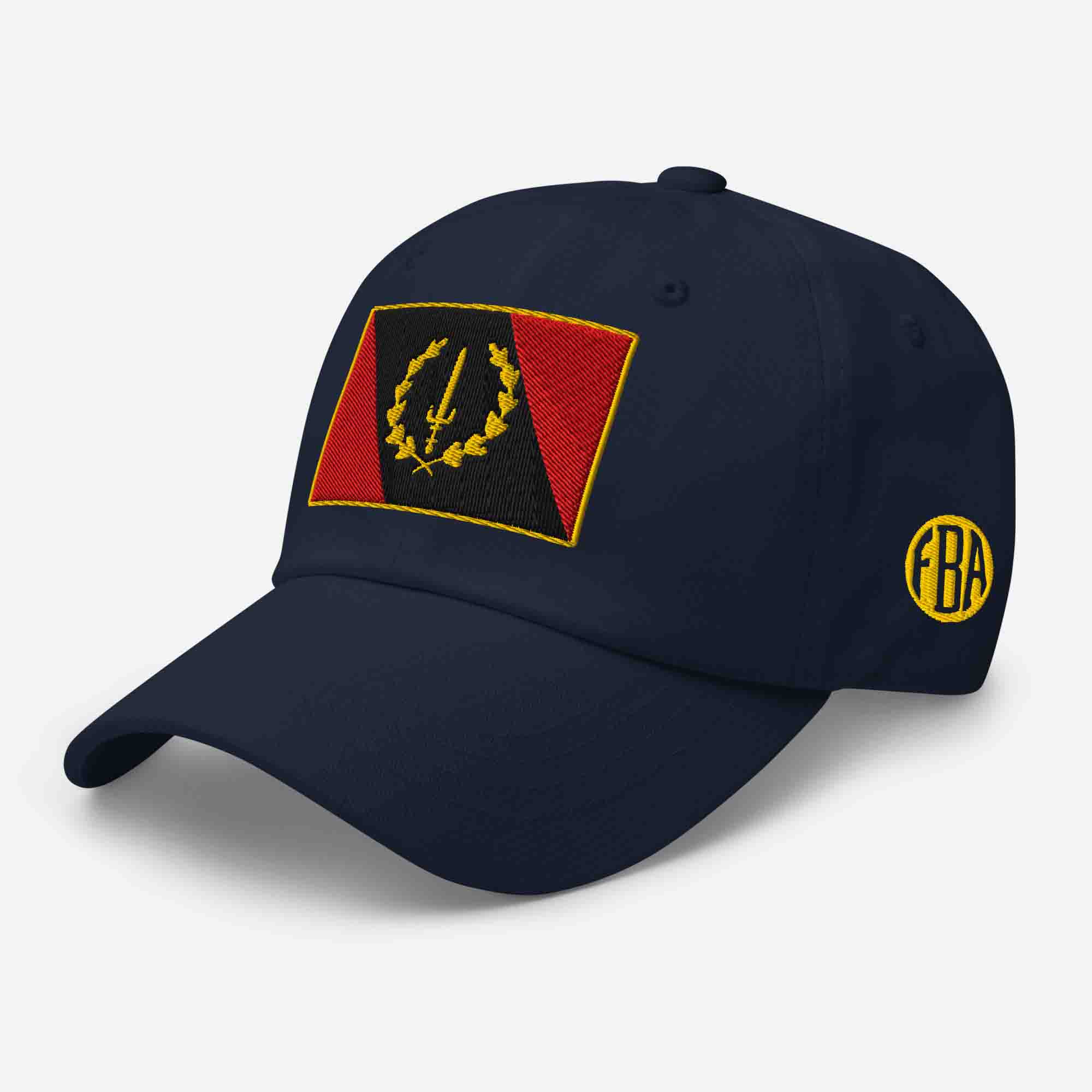 Left-front view of the navy blue Embroidered Black American Heritage Flag Dad Hat, showing the 'FBA' logo on the side.