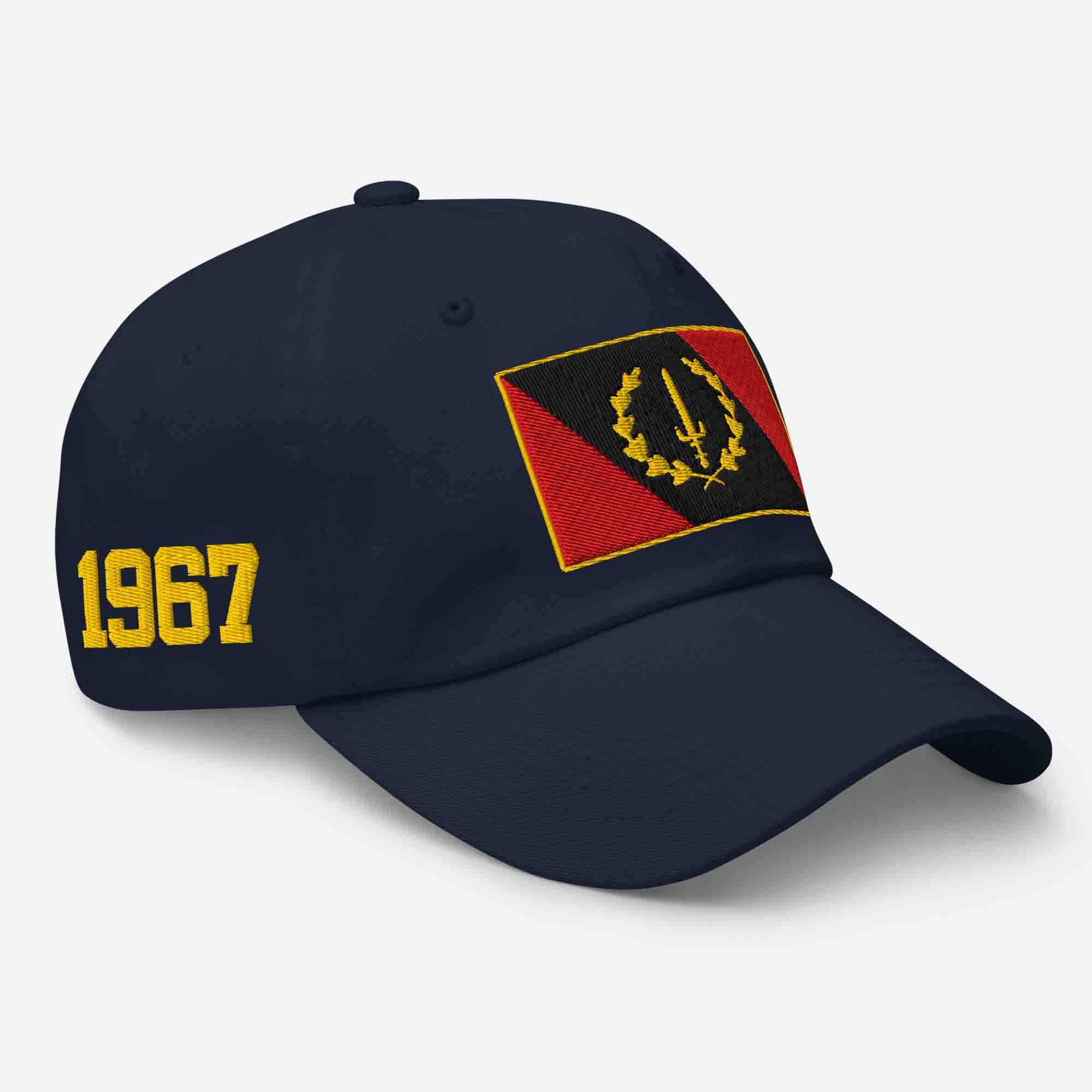 Right-front view of the navy blue Embroidered Black American Heritage Flag Dad Hat, showing the '1967' embroidery on the side.