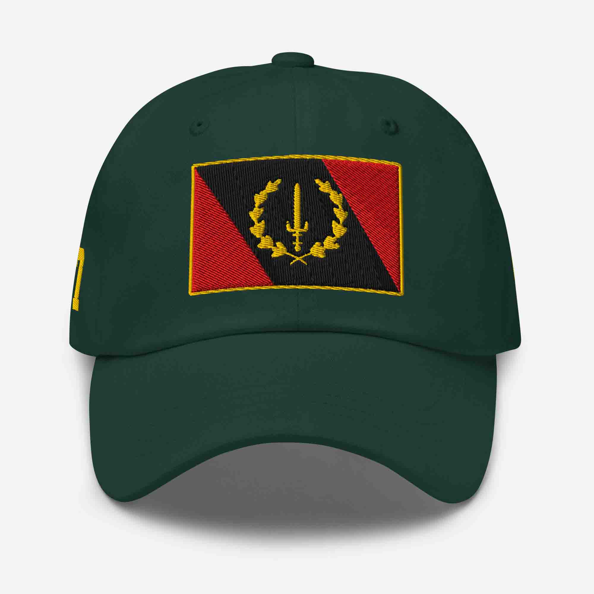 Front view of the Embroidered Black American Heritage Flag Dad Hat in spruce green, showing the central flag design.