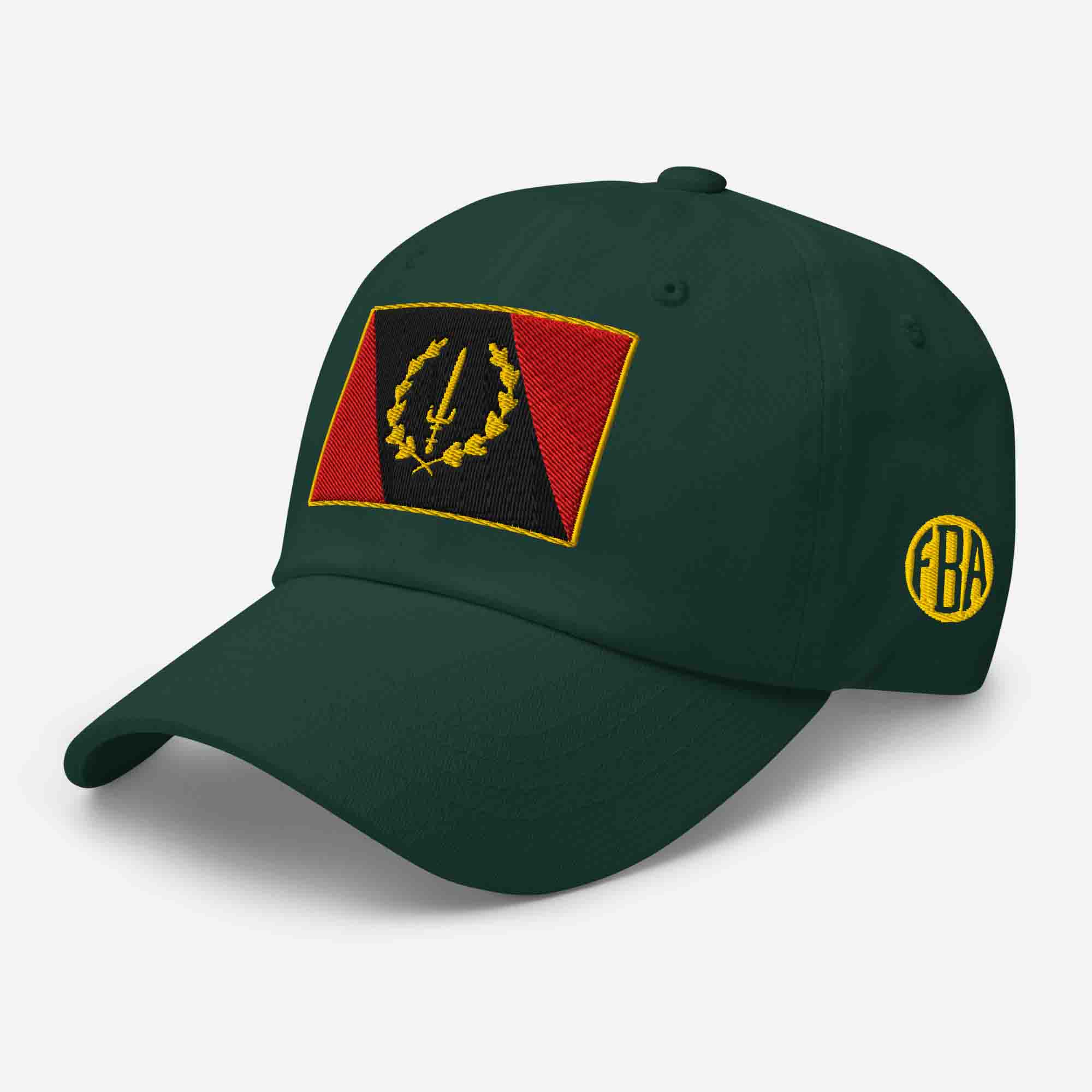 Left-front view of the spruce green Embroidered Black American Heritage Flag Dad Hat, showing the 'FBA' logo on the side.