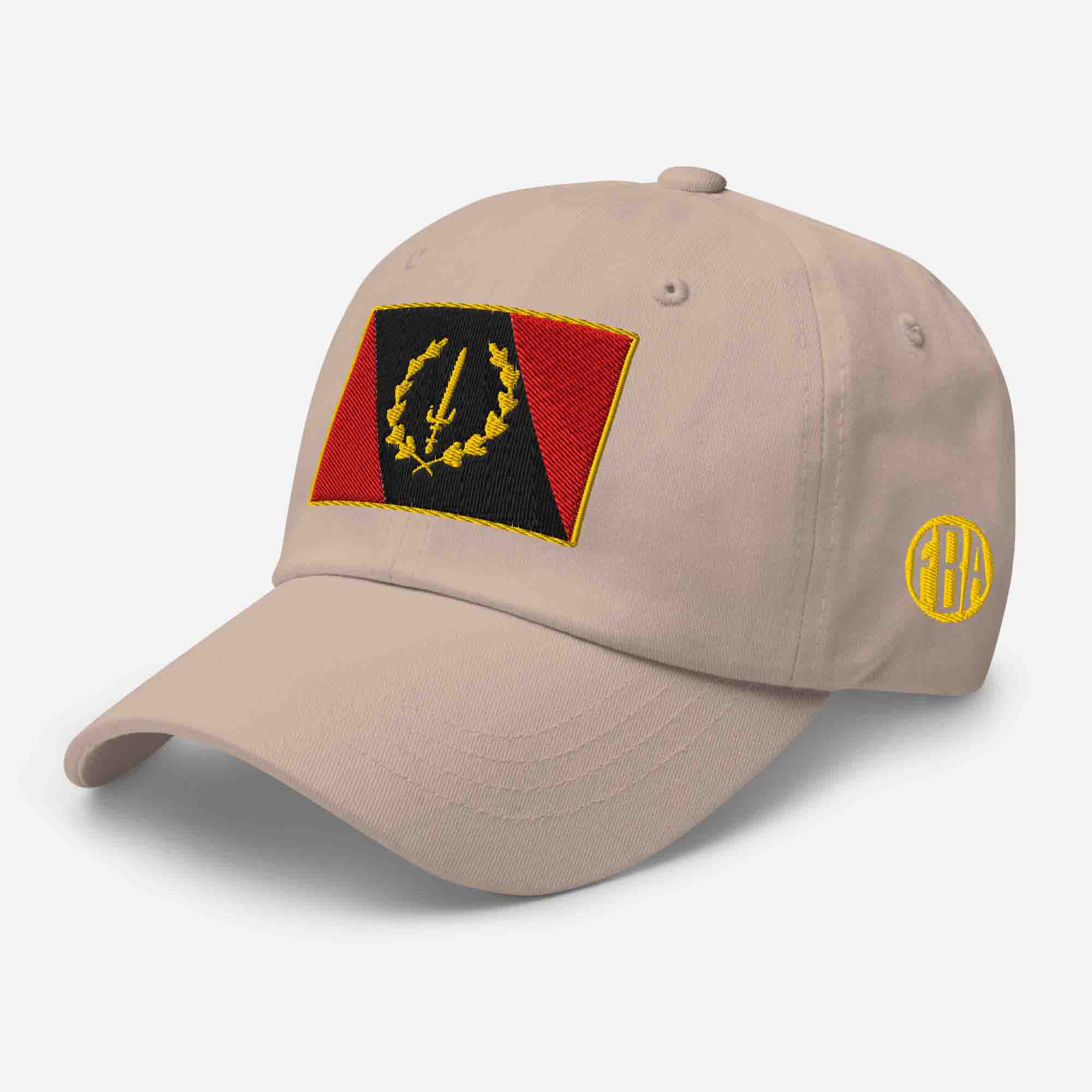 Left-front view of the stone Embroidered Black American Heritage Flag Dad Hat, showing the 'FBA' logo on the side.