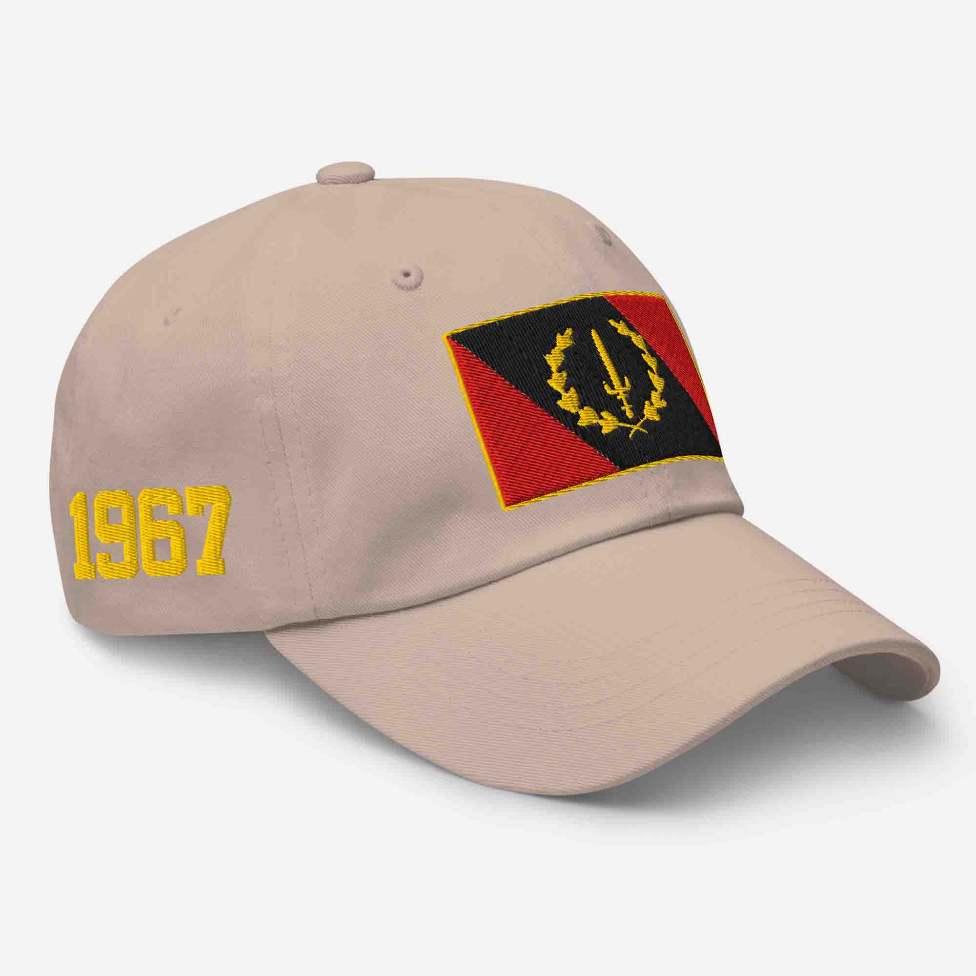 Right-front view of the stone Embroidered Black American Heritage Flag Dad Hat, showing the '1967' embroidery on the side.