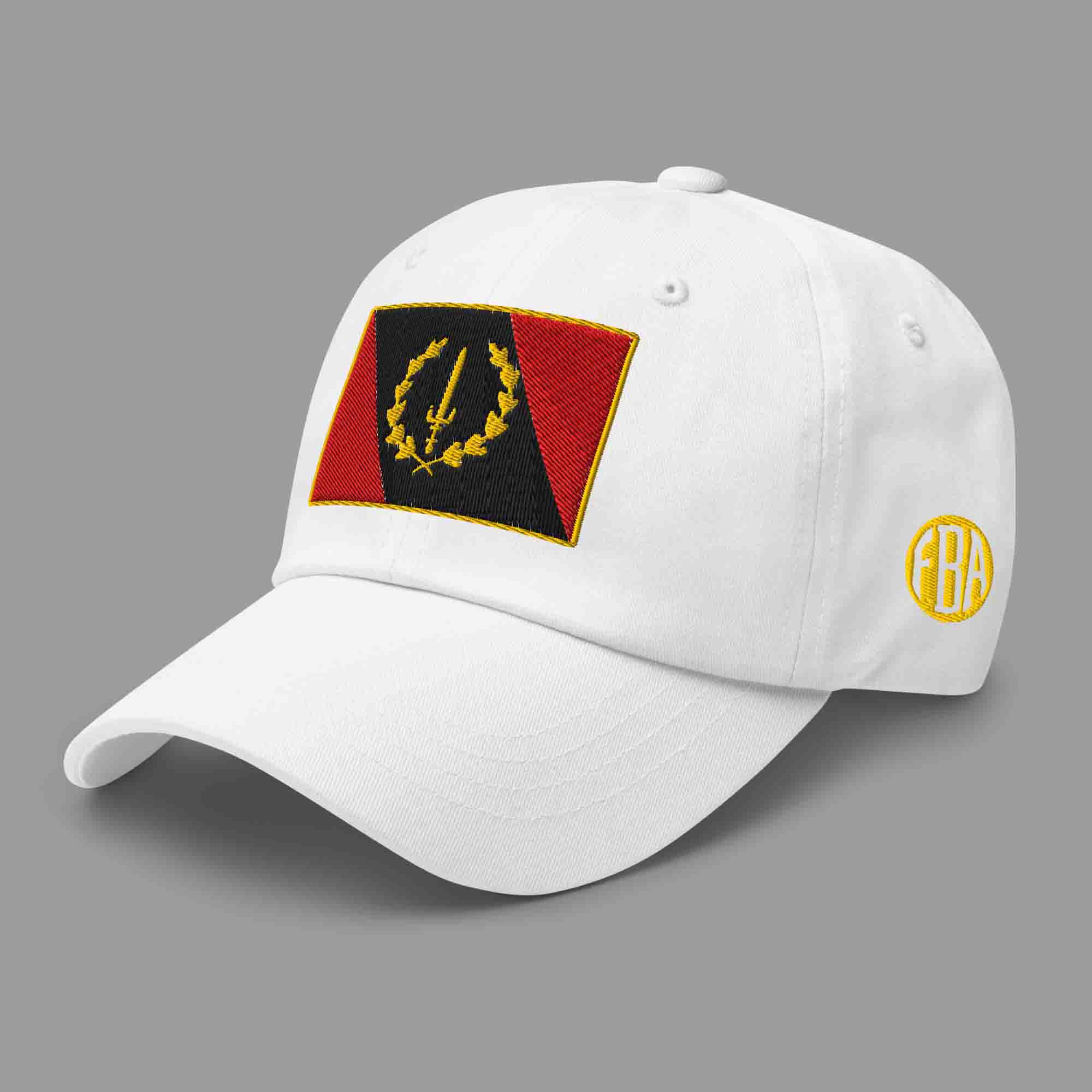 Left-front view of the stone Embroidered Black American Heritage Flag Dad Hat, showing the 'FBA' logo on the side.