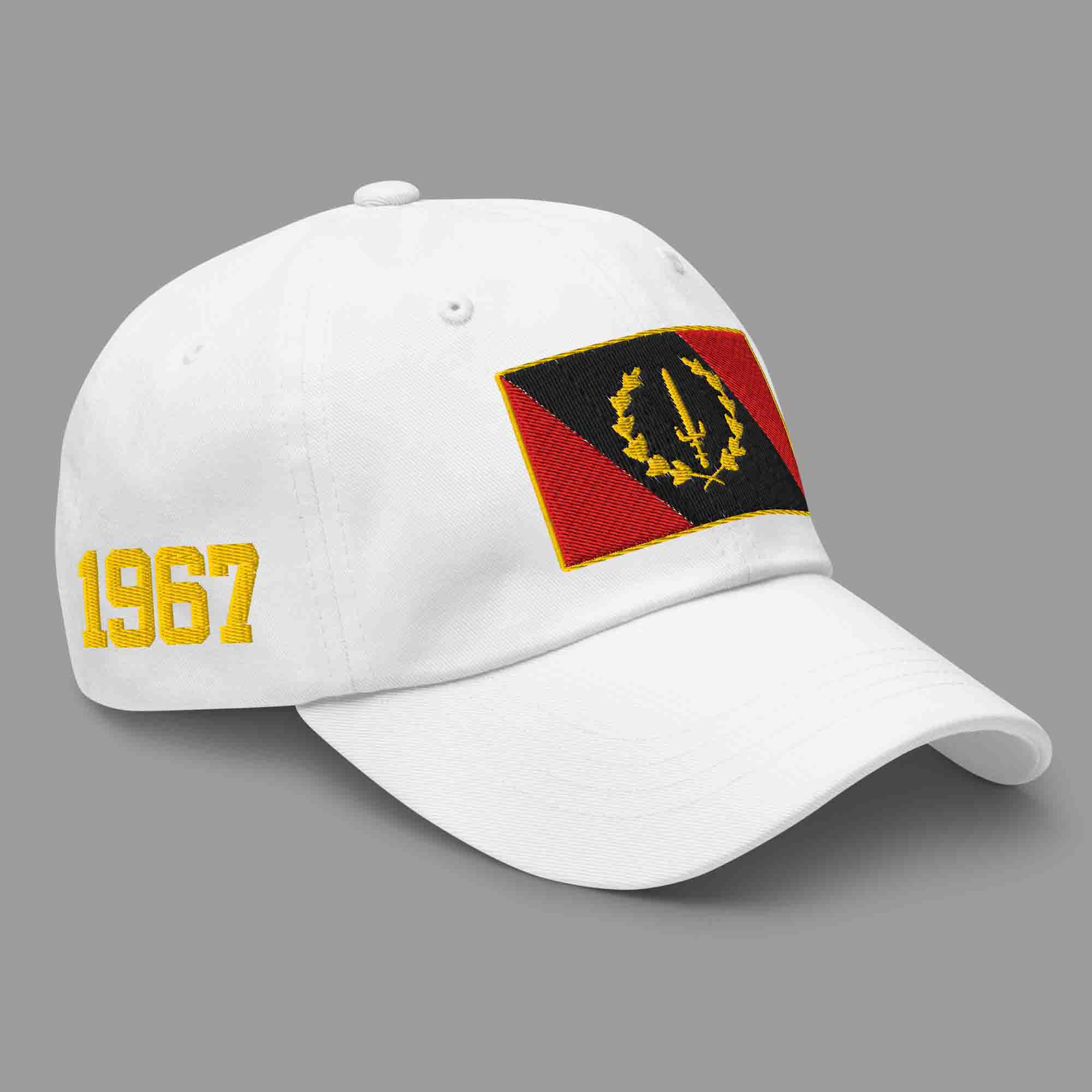 Right-front view of the stone Embroidered Black American Heritage Flag Dad Hat, showing the '1967' embroidery on the side.