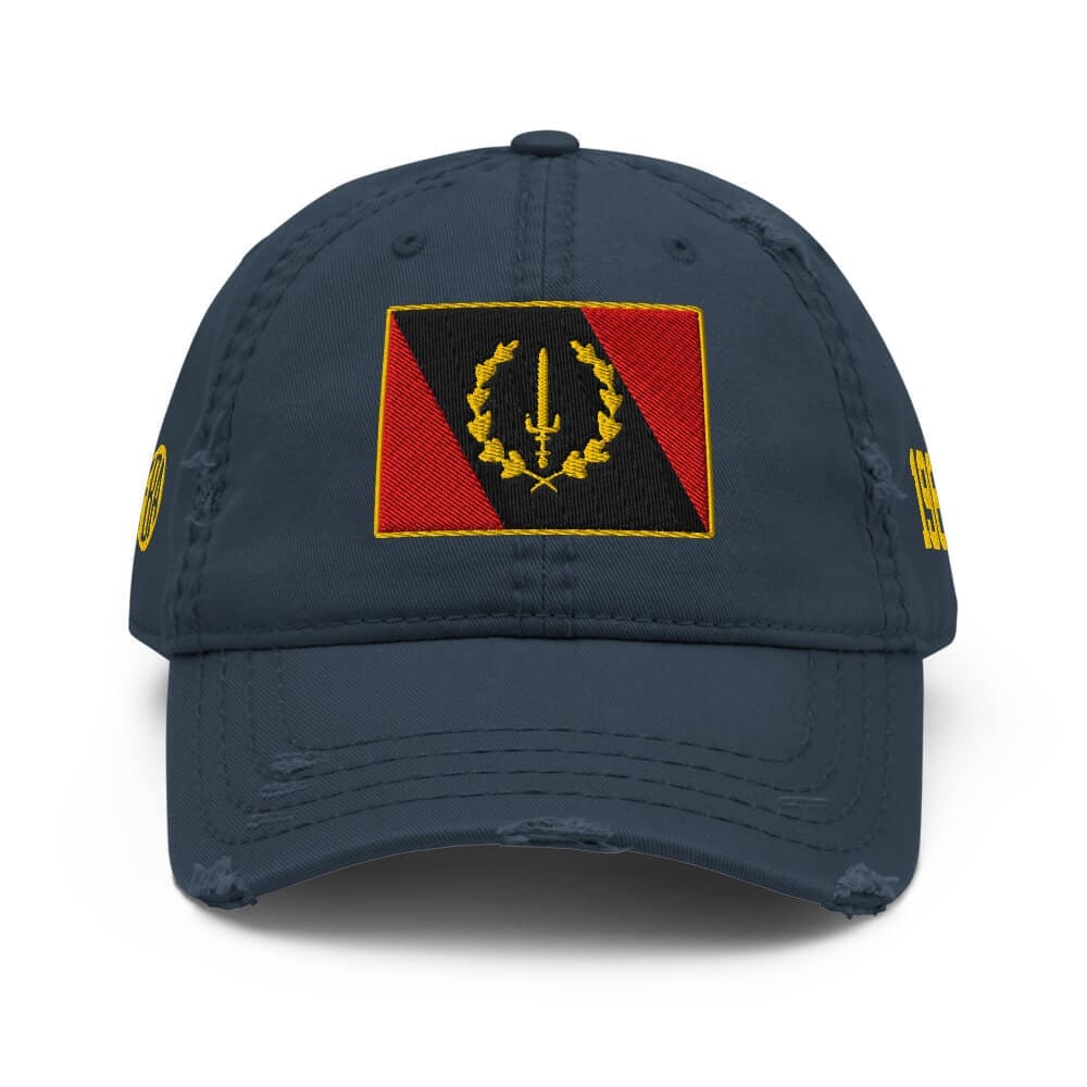 Front view of the navy blue Black American Heritage Flag distressed dad hat by B1Clothing Co., featuring the embroidered flag patch.