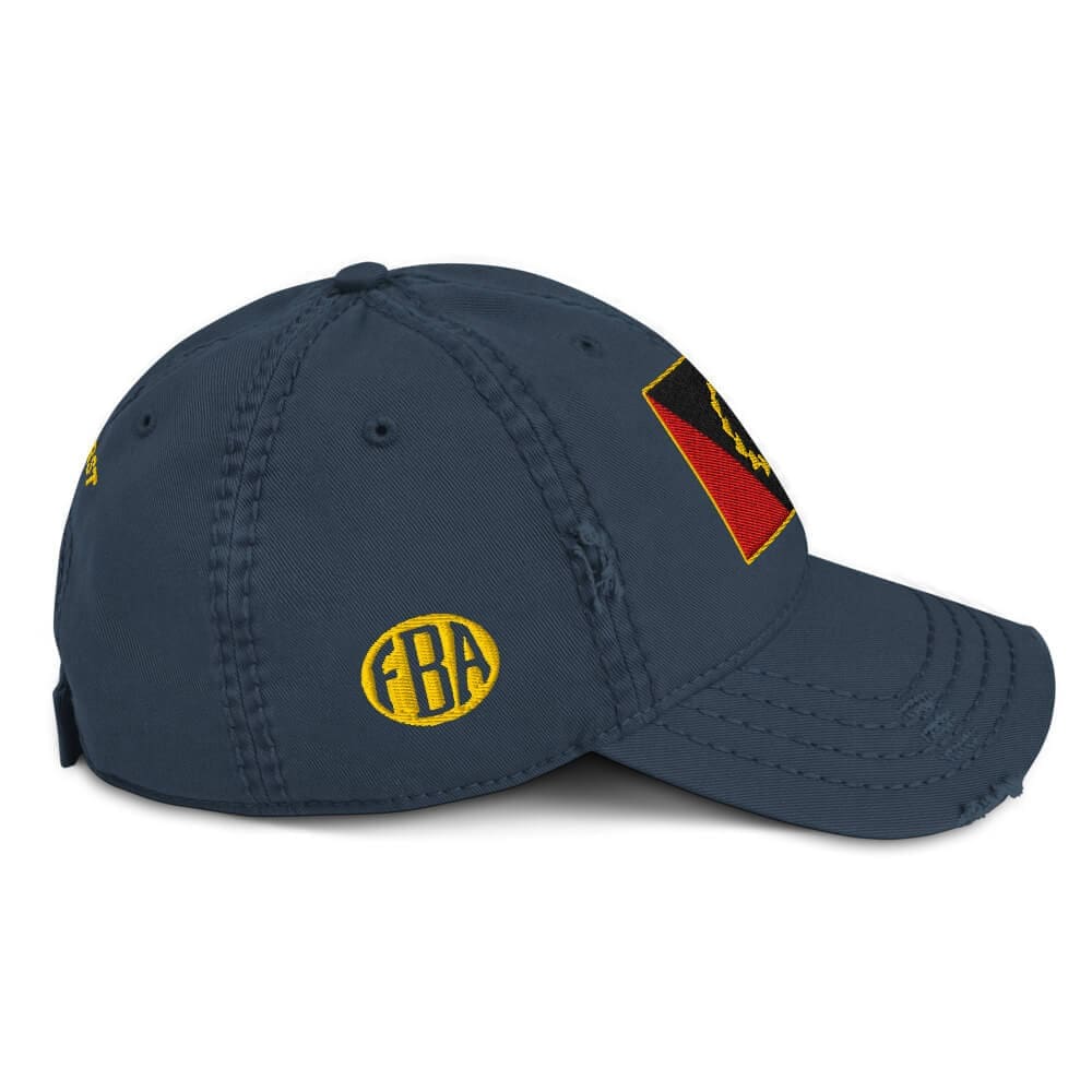 Right side view of the navy dad hat with the circular gold FBA logo embroidered.